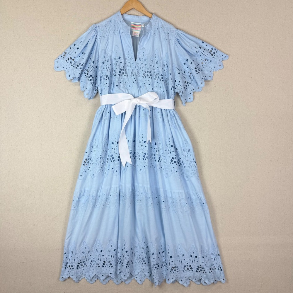 Gretchen Scott La Di Da Blue Eyelet Cotton Midi Dress Diva Pockets L Feminine - Picture 6 of 16